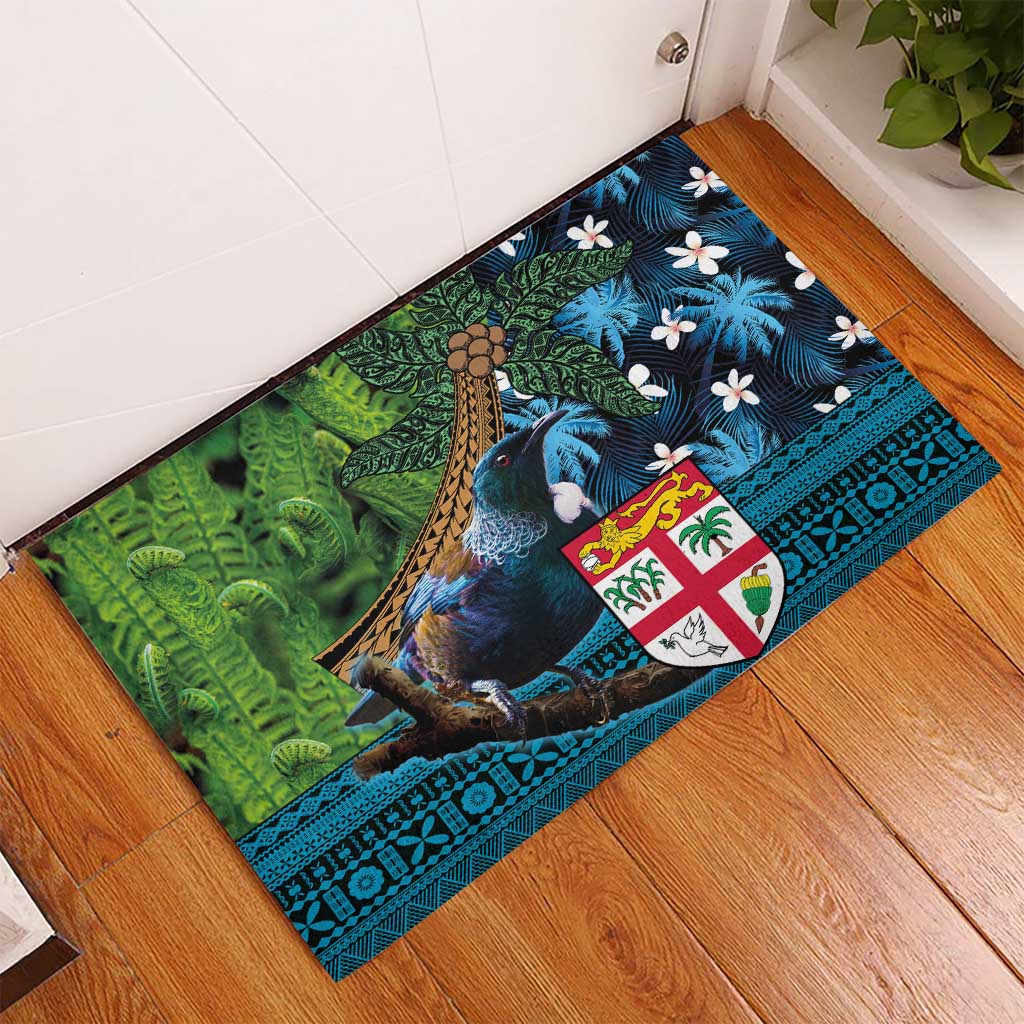 Fiji and New Zealand Tui Bird Rubber Doormat Koru Fern Leafs and Palm Tree With Plumeria LT03 - Polynesian Pride