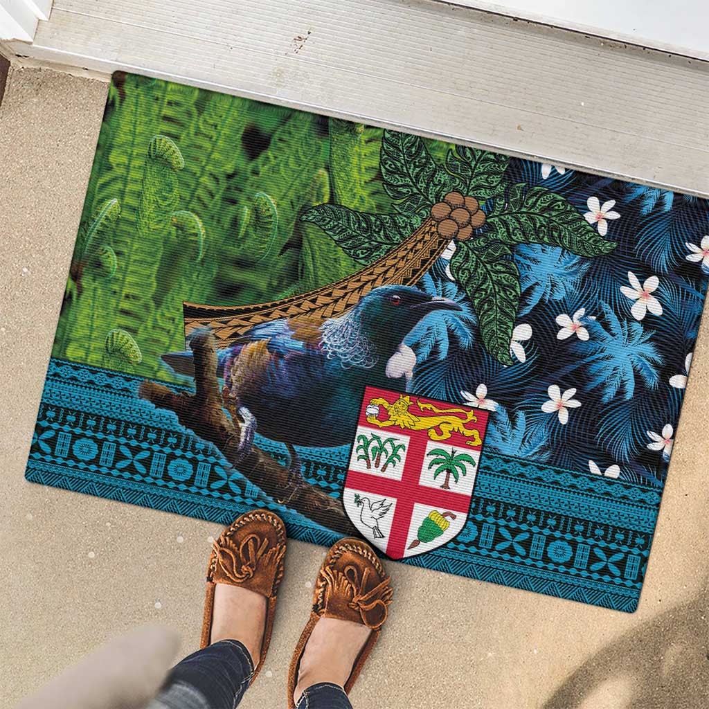 Fiji and New Zealand Tui Bird Rubber Doormat Koru Fern Leafs and Palm Tree With Plumeria LT03 - Polynesian Pride