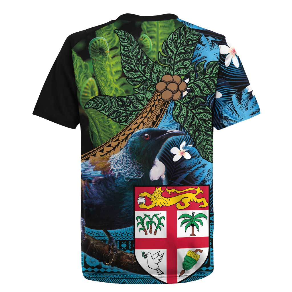 Fiji and New Zealand Tui Bird Rugby Jersey Koru Fern Leafs and Palm Tree With Plumeria LT03 - Polynesian Pride