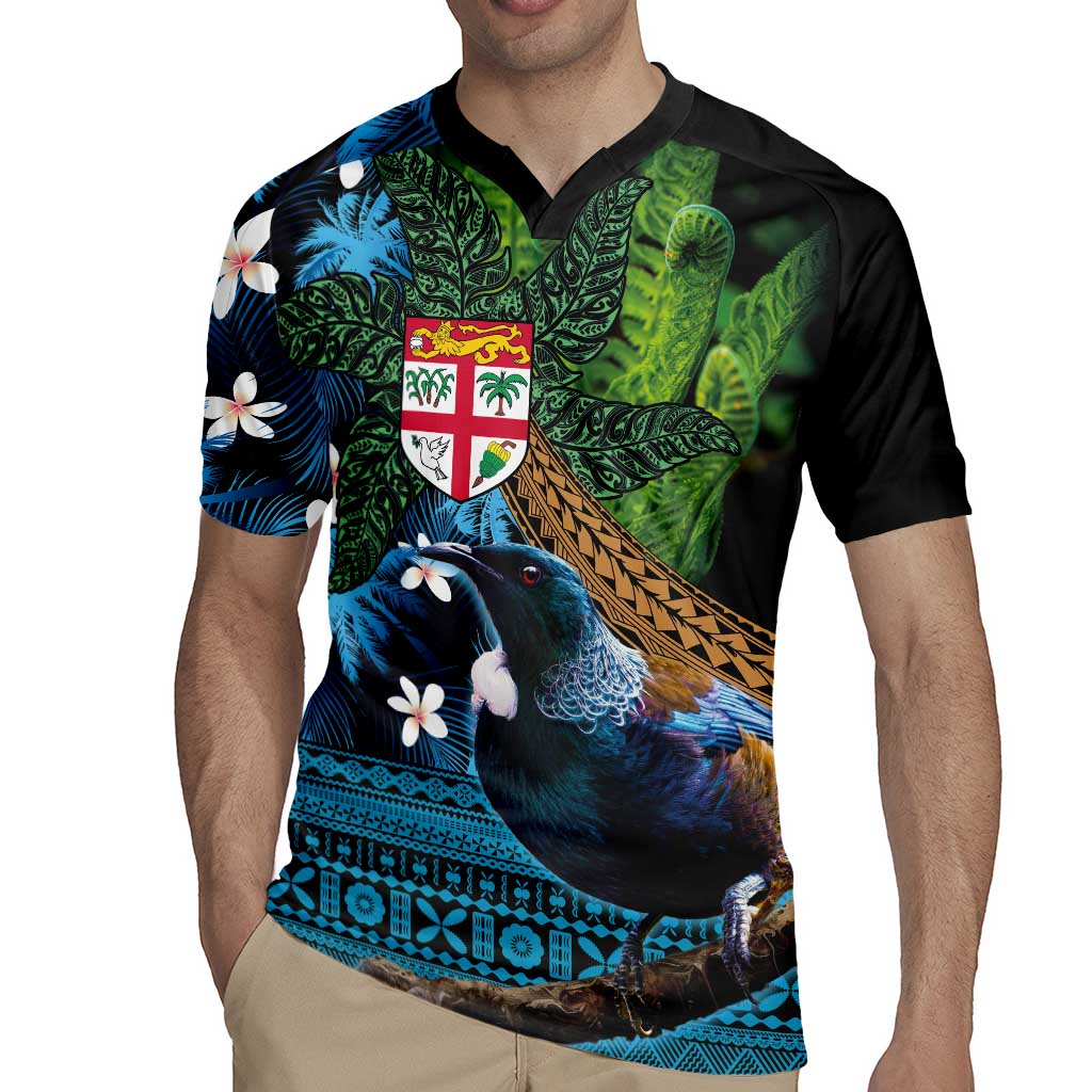Fiji and New Zealand Tui Bird Rugby Jersey Koru Fern Leafs and Palm Tree With Plumeria LT03 - Polynesian Pride