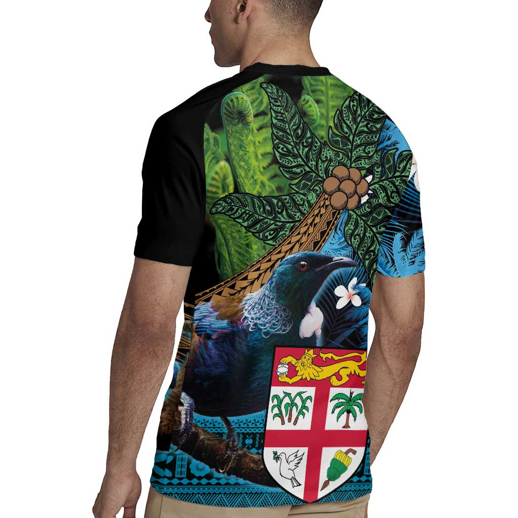 Fiji and New Zealand Tui Bird Rugby Jersey Koru Fern Leafs and Palm Tree With Plumeria LT03 - Polynesian Pride