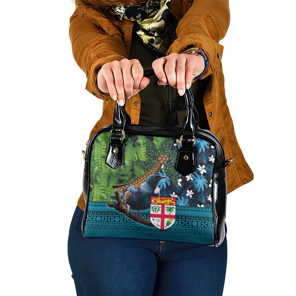 Fiji and New Zealand Tui Bird Shoulder Handbag Koru Fern Leafs and Palm Tree With Plumeria LT03 One Size Blue - Polynesian Pride