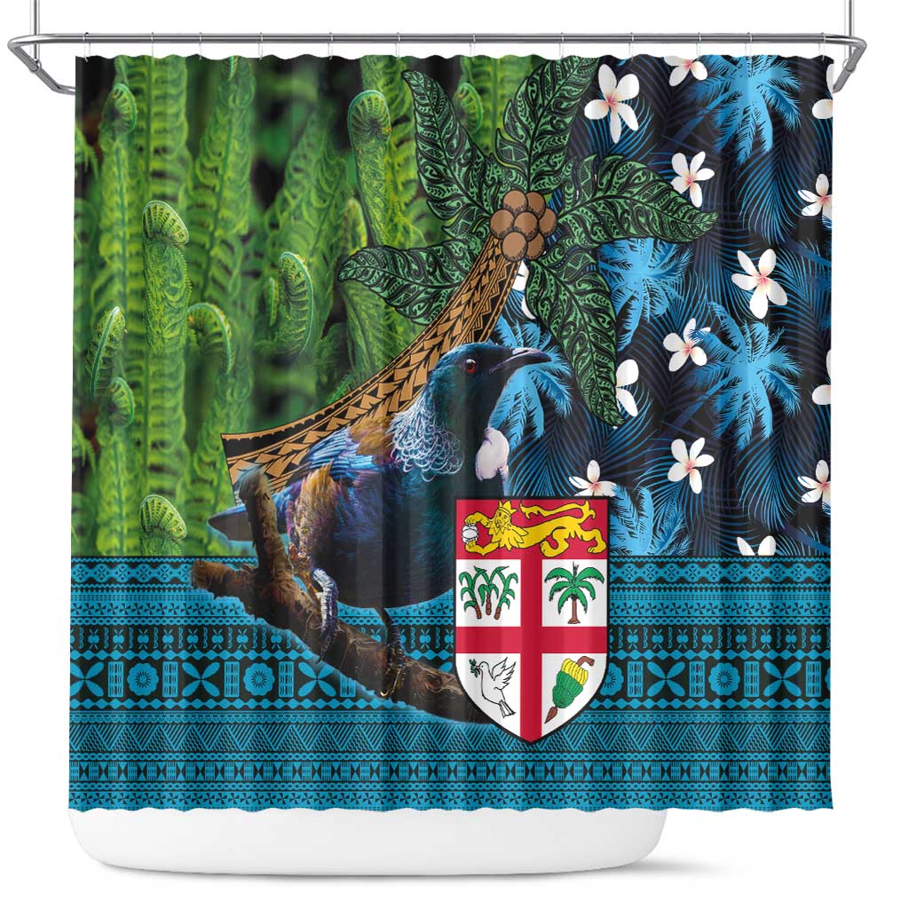 Fiji and New Zealand Tui Bird Shower Curtain Koru Fern Leafs and Palm Tree With Plumeria LT03 Blue - Polynesian Pride