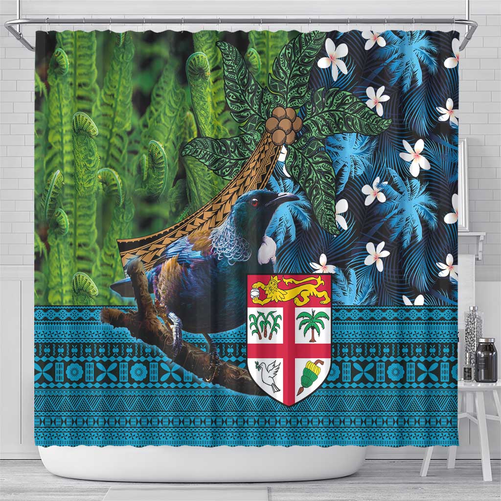 Fiji and New Zealand Tui Bird Shower Curtain Koru Fern Leafs and Palm Tree With Plumeria LT03 - Polynesian Pride