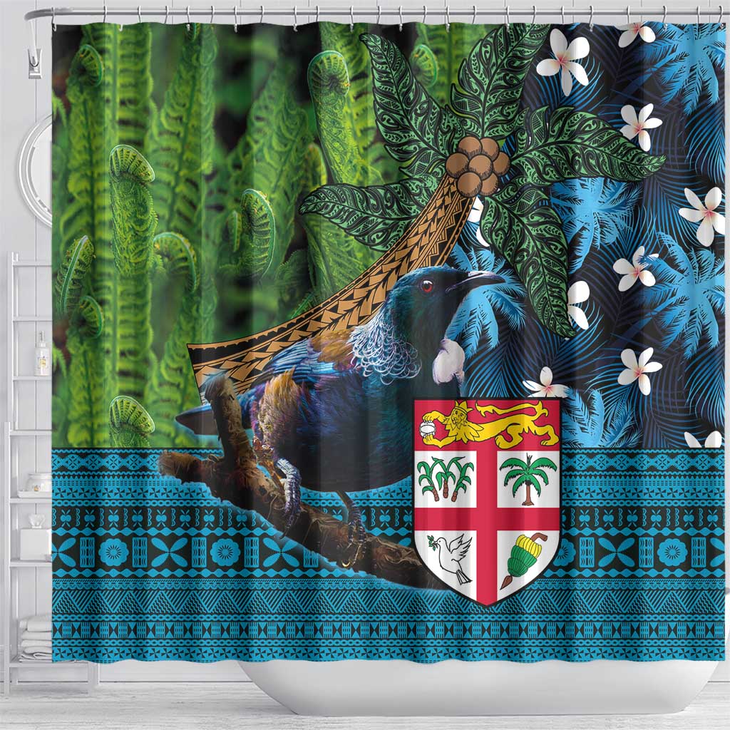 Fiji and New Zealand Tui Bird Shower Curtain Koru Fern Leafs and Palm Tree With Plumeria LT03 - Polynesian Pride