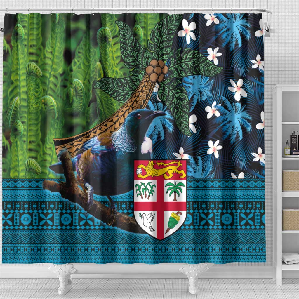 Fiji and New Zealand Tui Bird Shower Curtain Koru Fern Leafs and Palm Tree With Plumeria LT03 - Polynesian Pride