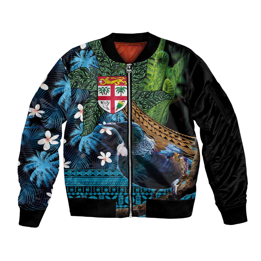 Fiji and New Zealand Tui Bird Sleeve Zip Bomber Jacket Koru Fern Leafs and Palm Tree With Plumeria LT03 Unisex Blue - Polynesian Pride
