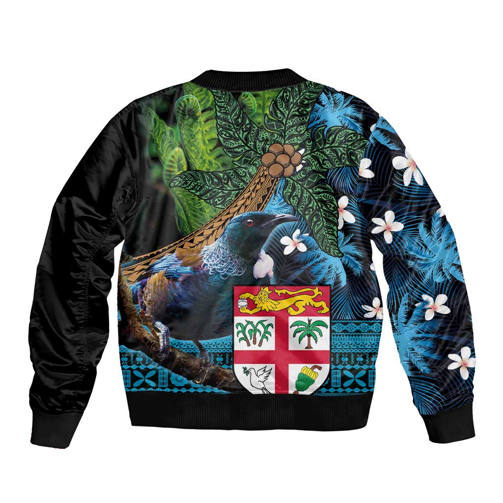 Fiji and New Zealand Tui Bird Sleeve Zip Bomber Jacket Koru Fern Leafs and Palm Tree With Plumeria LT03 - Polynesian Pride