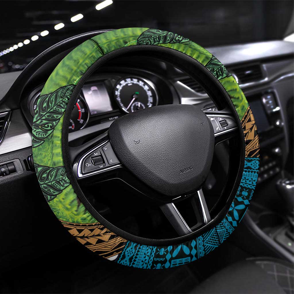 Fiji and New Zealand Tui Bird Steering Wheel Cover Koru Fern Leafs and Palm Tree With Plumeria LT03 Universal Fit Blue - Polynesian Pride