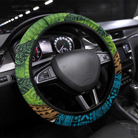 Fiji and New Zealand Tui Bird Steering Wheel Cover Koru Fern Leafs and Palm Tree With Plumeria LT03 Universal Fit Blue - Polynesian Pride