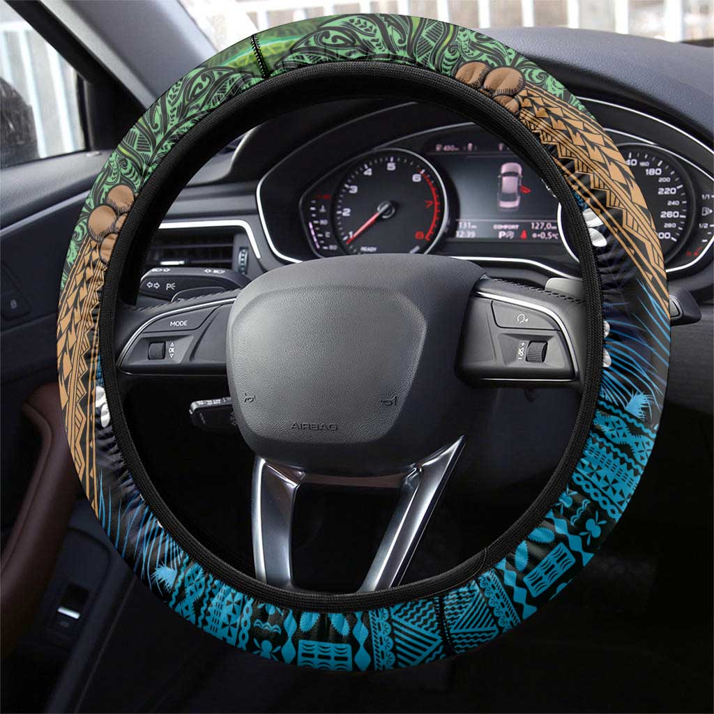Fiji and New Zealand Tui Bird Steering Wheel Cover Koru Fern Leafs and Palm Tree With Plumeria LT03 - Polynesian Pride
