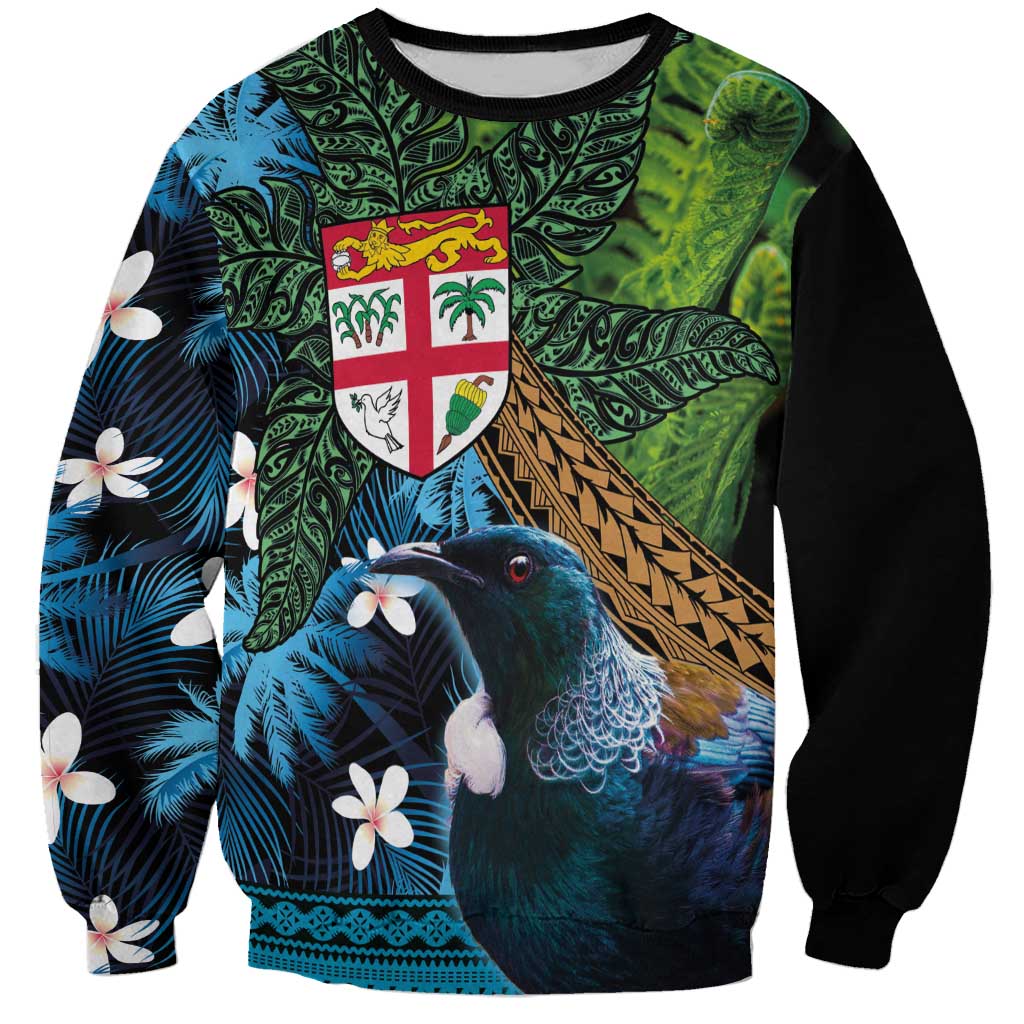 Fiji and New Zealand Tui Bird Sweatshirt Koru Fern Leafs and Palm Tree With Plumeria LT03 Unisex Blue - Polynesian Pride