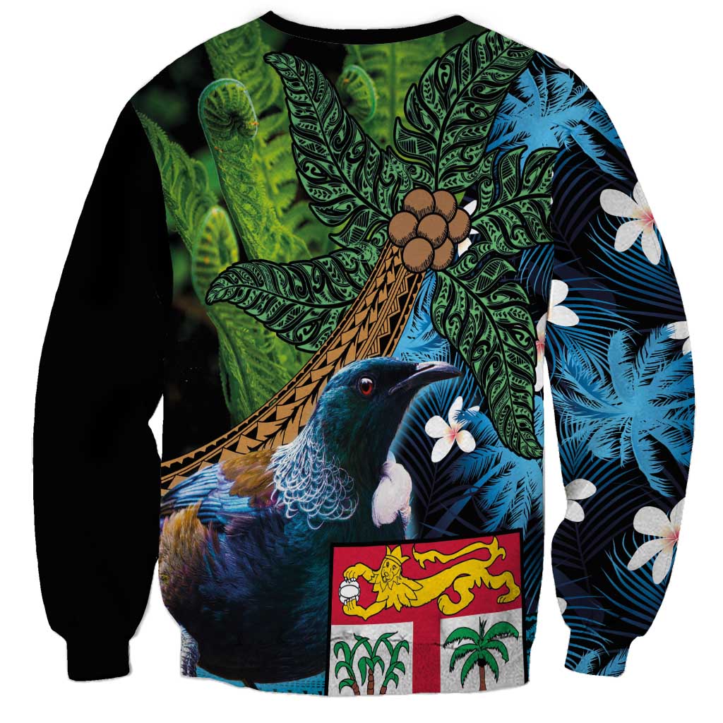 Fiji and New Zealand Tui Bird Sweatshirt Koru Fern Leafs and Palm Tree With Plumeria LT03 - Polynesian Pride