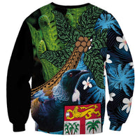 Fiji and New Zealand Tui Bird Sweatshirt Koru Fern Leafs and Palm Tree With Plumeria LT03 - Polynesian Pride