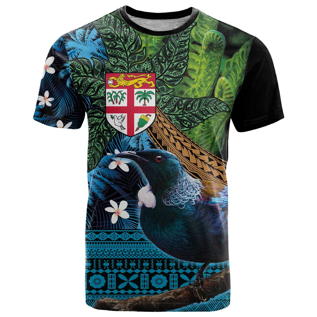 Fiji and New Zealand Tui Bird T Shirt Koru Fern Leafs and Palm Tree With Plumeria LT03 Blue - Polynesian Pride