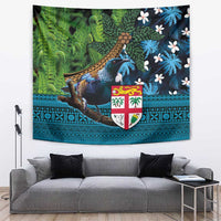 Fiji and New Zealand Tui Bird Tapestry Koru Fern Leafs and Palm Tree With Plumeria LT03 Blue - Polynesian Pride