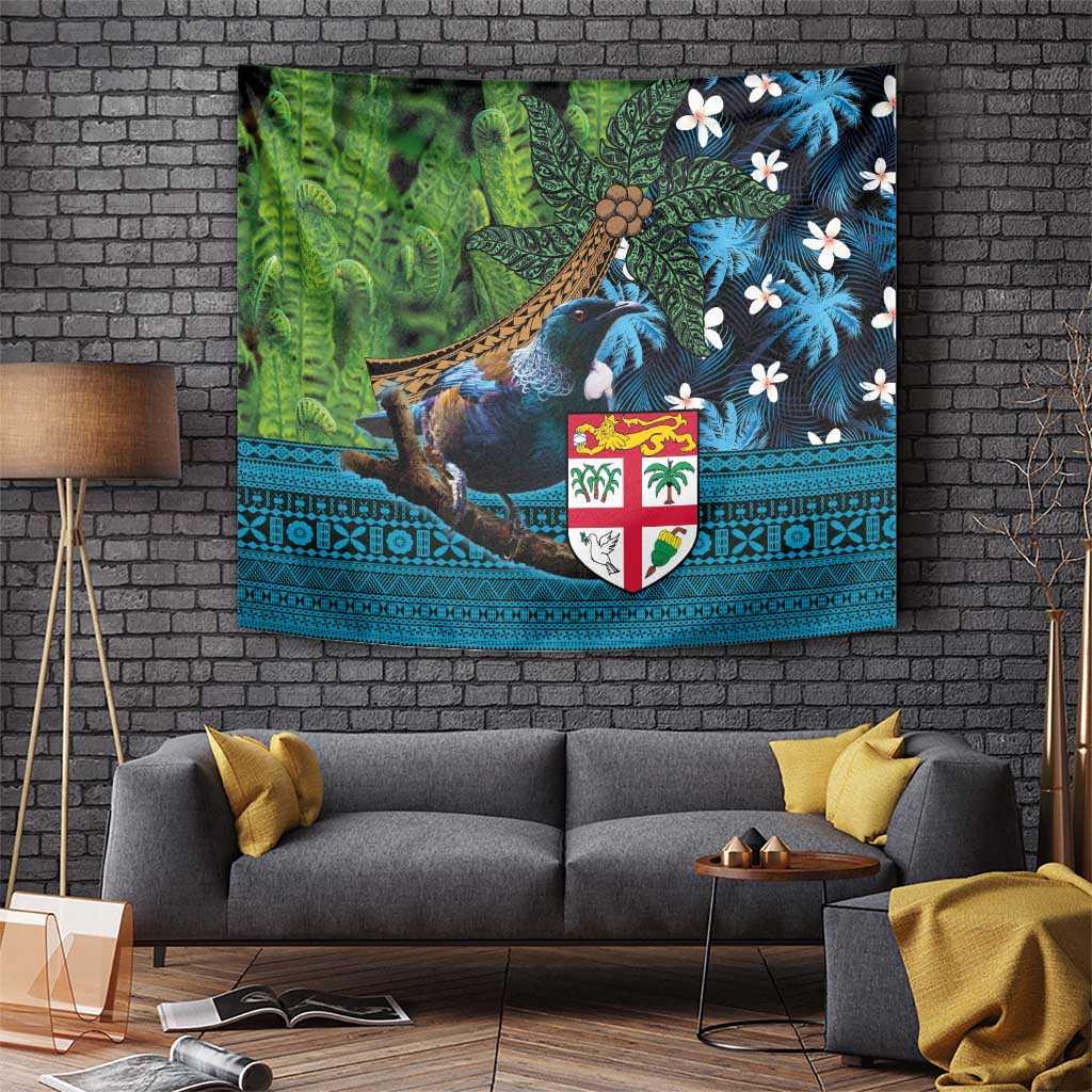 Fiji and New Zealand Tui Bird Tapestry Koru Fern Leafs and Palm Tree With Plumeria LT03 - Polynesian Pride
