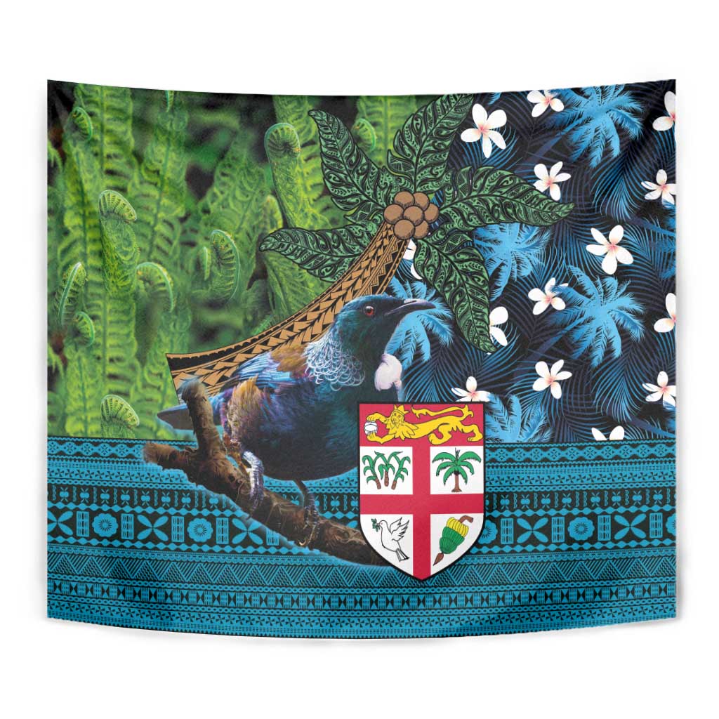 Fiji and New Zealand Tui Bird Tapestry Koru Fern Leafs and Palm Tree With Plumeria LT03 - Polynesian Pride