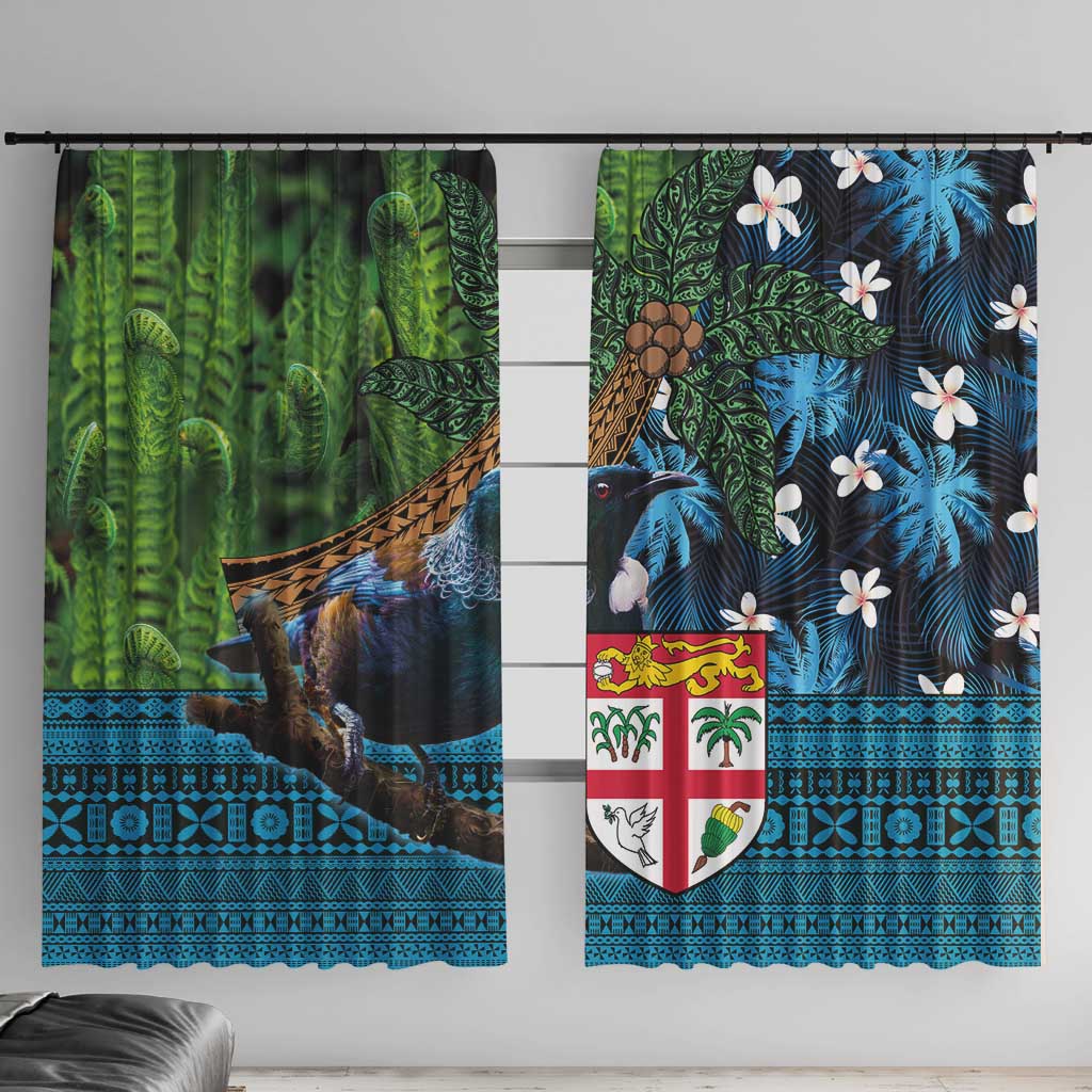 Fiji and New Zealand Tui Bird Window Curtain Koru Fern Leafs and Palm Tree With Plumeria LT03 With Hooks Blue - Polynesian Pride