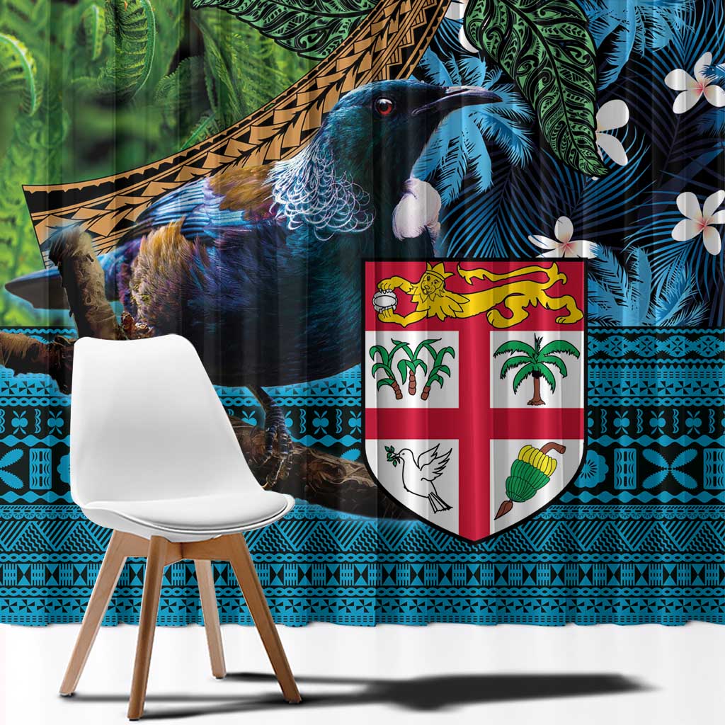 Fiji and New Zealand Tui Bird Window Curtain Koru Fern Leafs and Palm Tree With Plumeria LT03 - Polynesian Pride