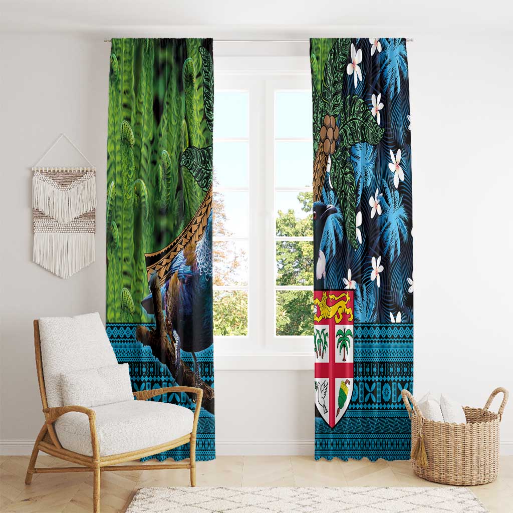 Fiji and New Zealand Tui Bird Window Curtain Koru Fern Leafs and Palm Tree With Plumeria LT03 - Polynesian Pride