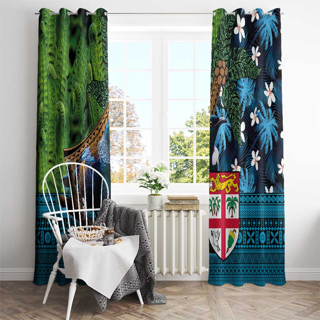 Fiji and New Zealand Tui Bird Window Curtain Koru Fern Leafs and Palm Tree With Plumeria LT03 - Polynesian Pride