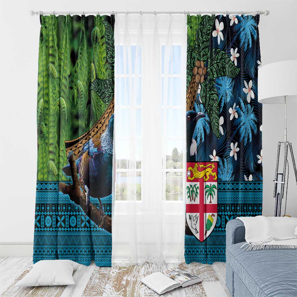 Fiji and New Zealand Tui Bird Window Curtain Koru Fern Leafs and Palm Tree With Plumeria LT03 - Polynesian Pride