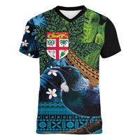 Fiji and New Zealand Tui Bird Women V-Neck T-Shirt Koru Fern Leafs and Palm Tree With Plumeria LT03 Female Blue - Polynesian Pride