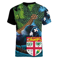 Fiji and New Zealand Tui Bird Women V-Neck T-Shirt Koru Fern Leafs and Palm Tree With Plumeria LT03 - Polynesian Pride
