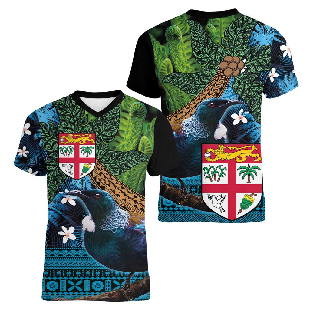 Fiji and New Zealand Tui Bird Women V-Neck T-Shirt Koru Fern Leafs and Palm Tree With Plumeria LT03 - Polynesian Pride