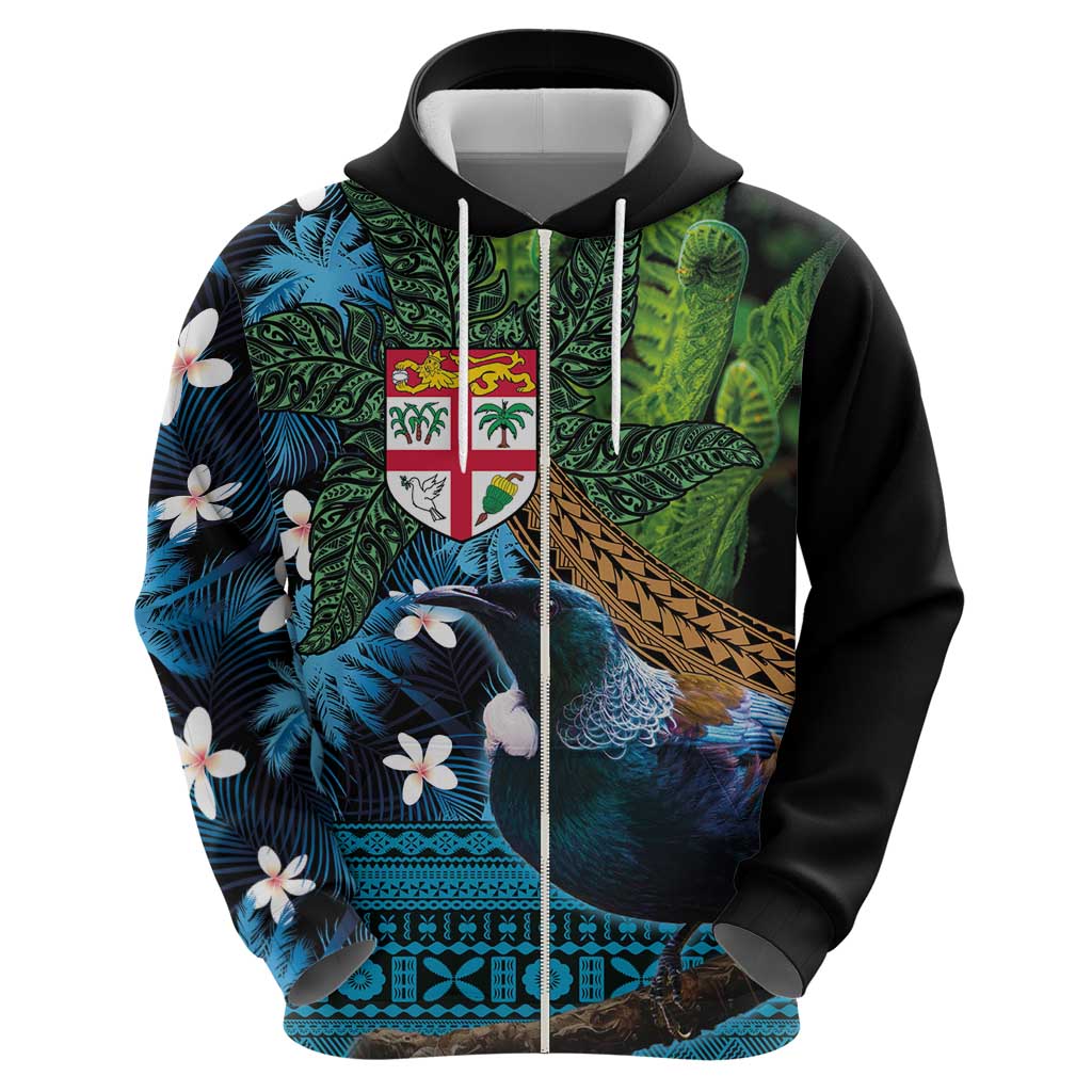 Fiji and New Zealand Tui Bird Zip Hoodie Koru Fern Leafs and Palm Tree With Plumeria LT03 - Polynesian Pride