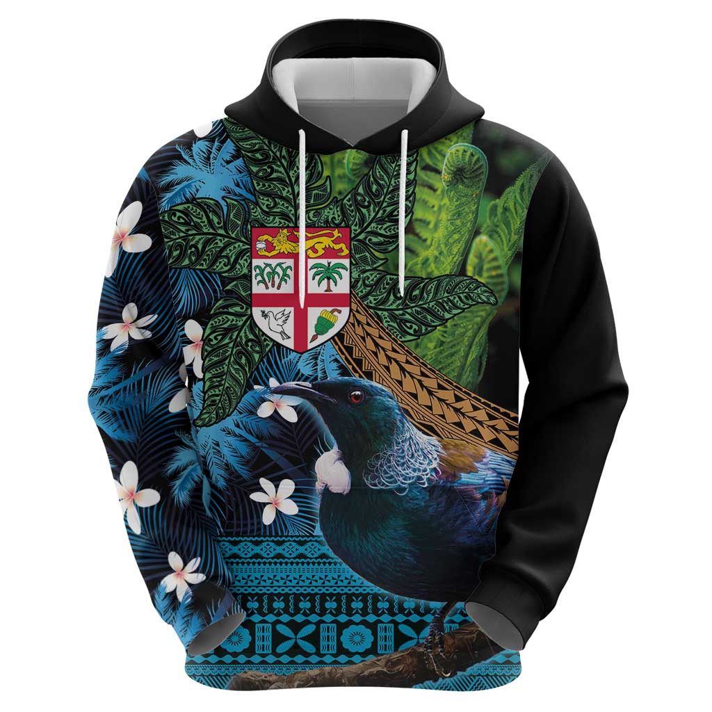 Fiji and New Zealand Tui Bird Zip Hoodie Koru Fern Leafs and Palm Tree With Plumeria LT03 - Polynesian Pride