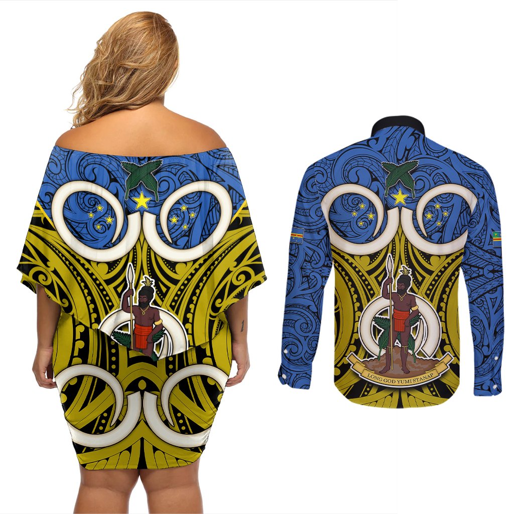 Vanuatu Tafea Province Couples Matching Off Shoulder Short Dress and Long Sleeve Button Shirts Pig Tusk Mix Maori Pattern and Namele Leaf LT03 - Polynesian Pride