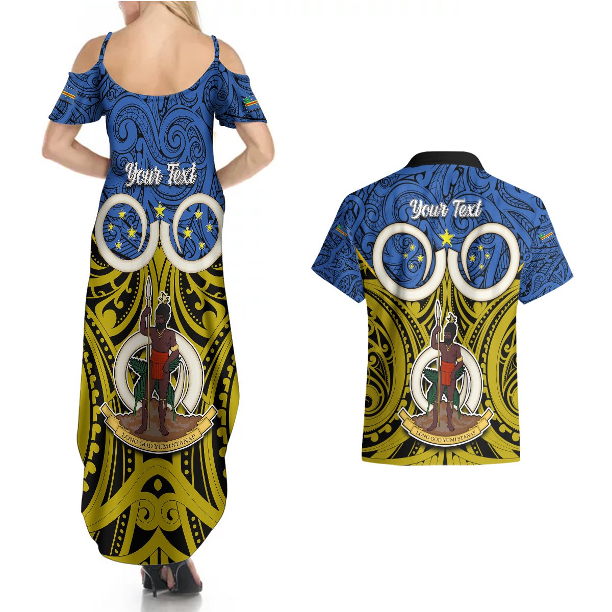 Personalised Vanuatu Tafea Province Couples Matching Summer Maxi Dress and Hawaiian Shirt Pig Tusk Mix Maori Pattern and Namele Leaf LT03 - Polynesian Pride