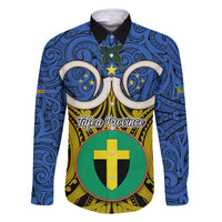 Personalised Vanuatu Tafea Province Family Matching Off Shoulder Short Dress and Hawaiian Shirt Pig Tusk Mix Maori Pattern and Namele Leaf LT03 Dad's Shirt - Long Sleeve Blue - Polynesian Pride