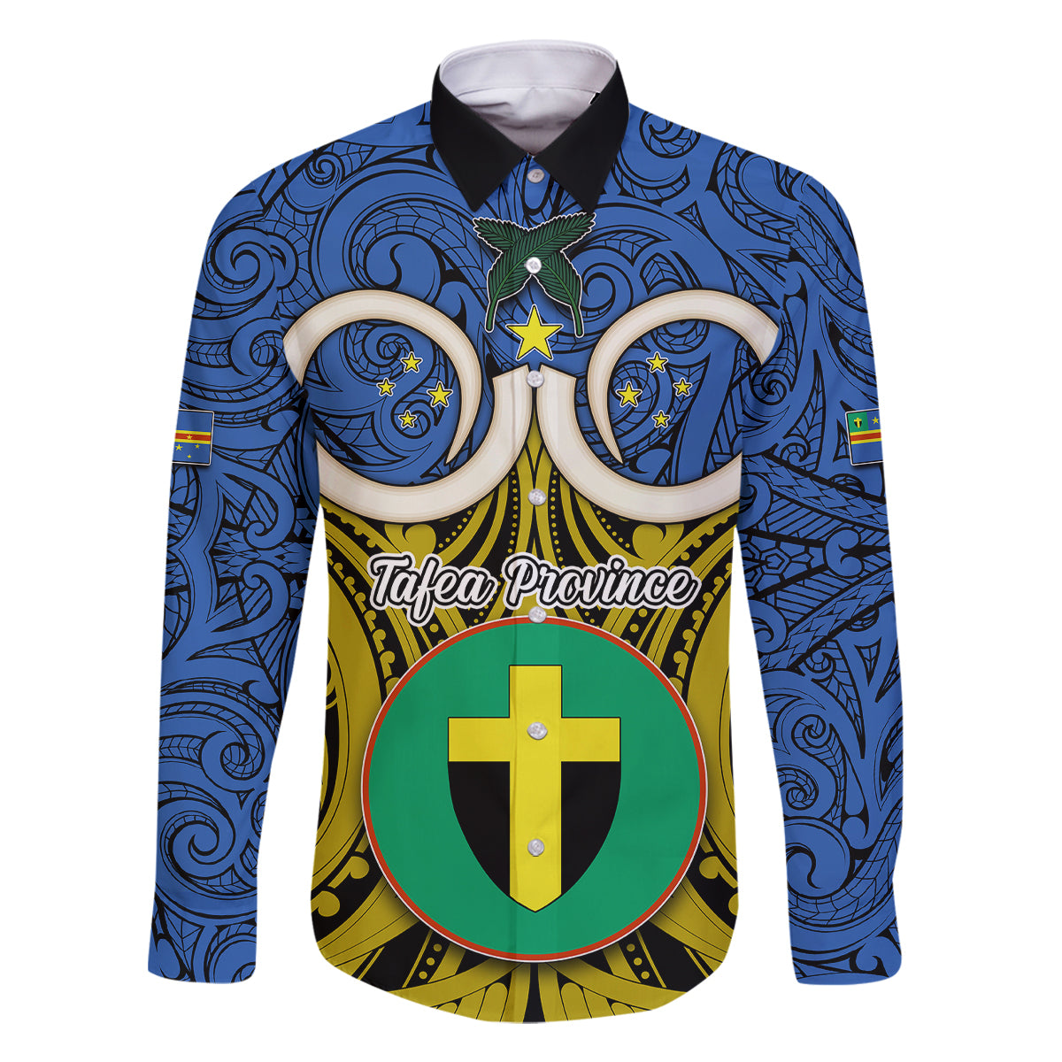 Personalised Vanuatu Tafea Province Family Matching Summer Maxi Dress and Hawaiian Shirt Pig Tusk Mix Maori Pattern and Namele Leaf LT03 Dad's Shirt - Long Sleeve Blue - Polynesian Pride