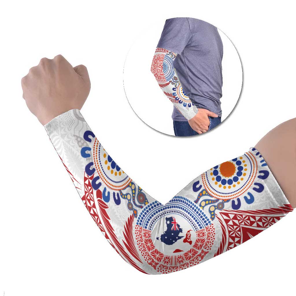 Tongan and Australian Culture Together Arm Sleeves Ngatu Art Tribal Aboriginal Tattoo Pattern LT03 Set of 2 White - Polynesian Pride