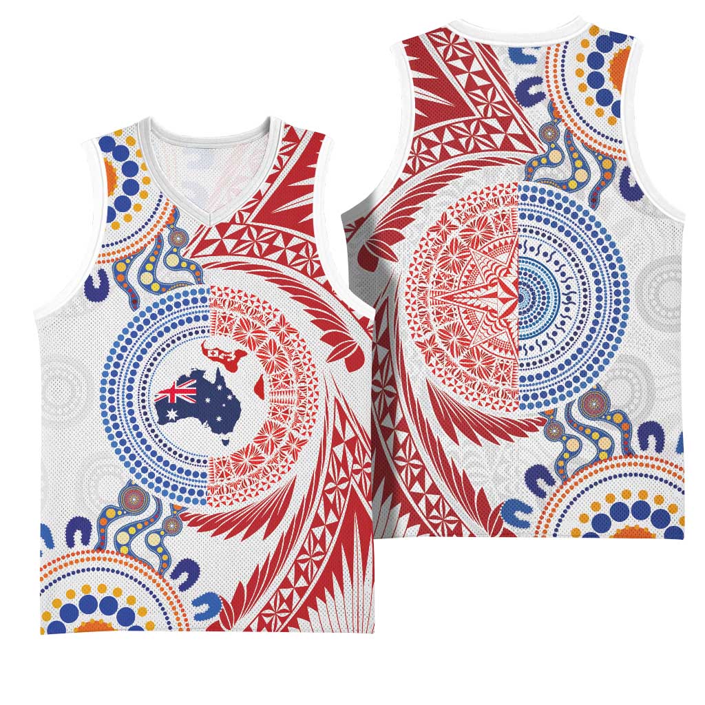 Tongan and Australian Culture Together Basketball Jersey Ngatu Art Tribal Aboriginal Tattoo Pattern LT03 - Polynesian Pride