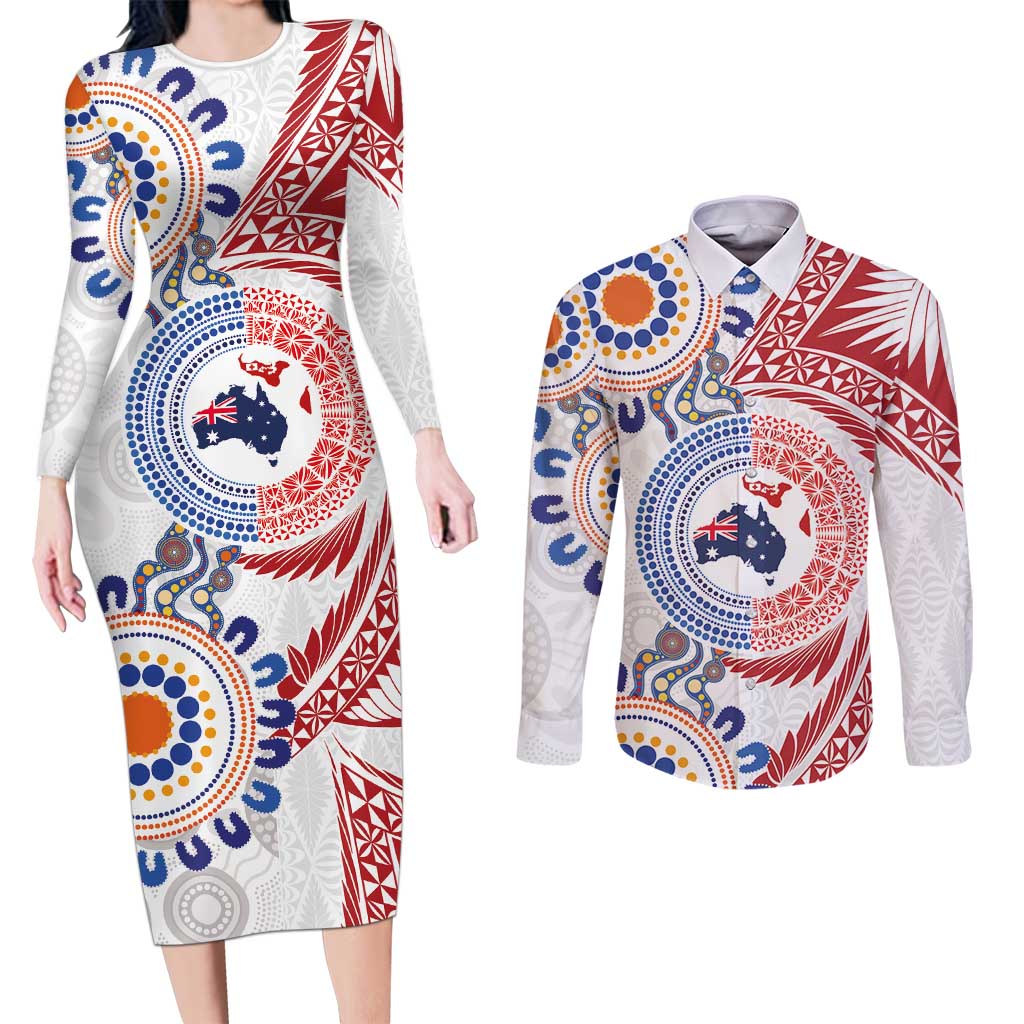 Tongan and Australian Culture Together Couples Matching Long Sleeve Bodycon Dress and Long Sleeve Button Shirt Ngatu Art Tribal Aboriginal Tattoo Pattern LT03 White - Polynesian Pride