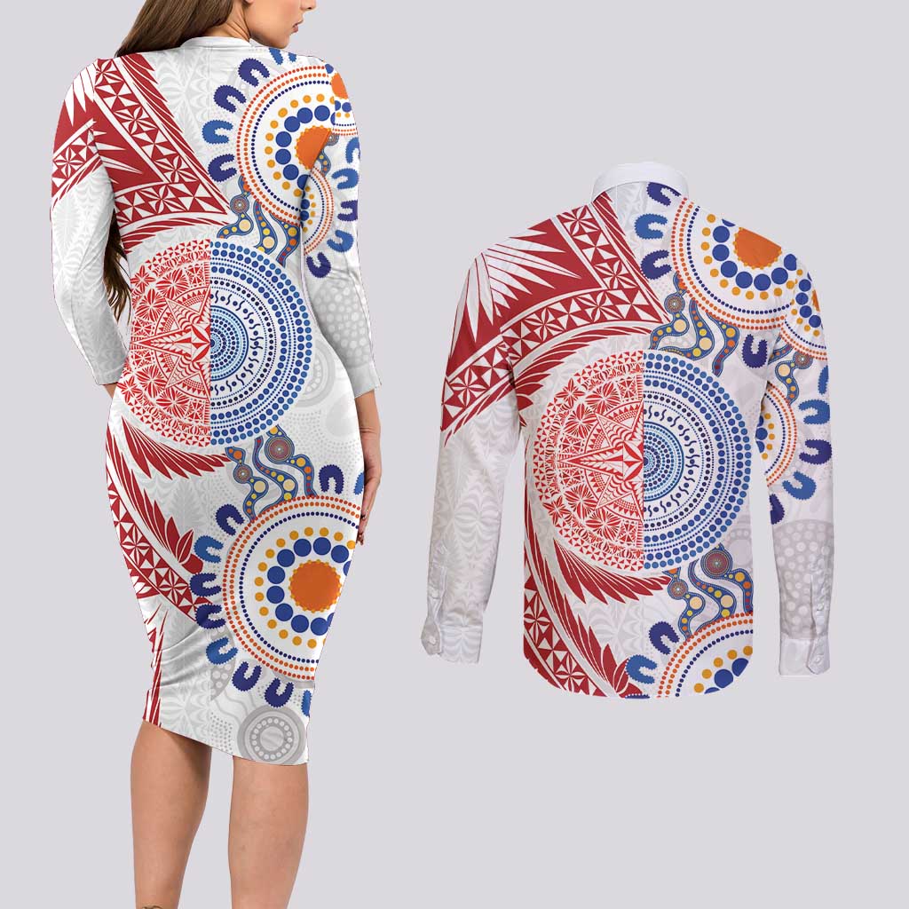 Tongan and Australian Culture Together Couples Matching Long Sleeve Bodycon Dress and Long Sleeve Button Shirt Ngatu Art Tribal Aboriginal Tattoo Pattern LT03 - Polynesian Pride