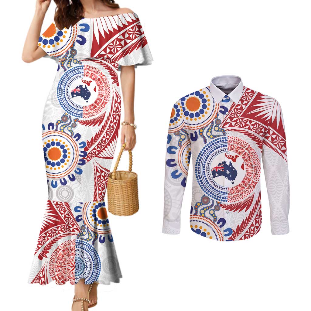 Tongan and Australian Culture Together Couples Matching Mermaid Dress and Long Sleeve Button Shirt Ngatu Art Tribal Aboriginal Tattoo Pattern - Polynesian Pride
