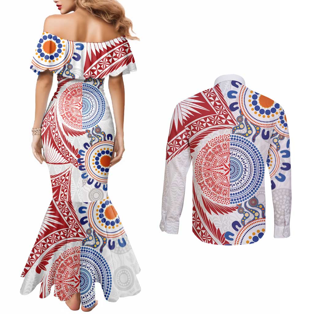 Tongan and Australian Culture Together Couples Matching Mermaid Dress and Long Sleeve Button Shirt Ngatu Art Tribal Aboriginal Tattoo Pattern LT03 - Polynesian Pride