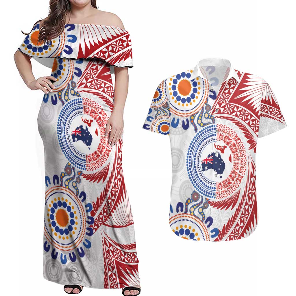 Tongan and Australian Culture Together Couples Matching Off Shoulder Maxi Dress and Hawaiian Shirt Ngatu Art Tribal Aboriginal Tattoo Pattern LT03 White - Polynesian Pride