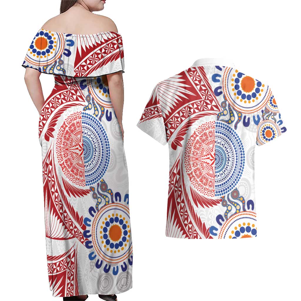 Tongan and Australian Culture Together Couples Matching Off Shoulder Maxi Dress and Hawaiian Shirt Ngatu Art Tribal Aboriginal Tattoo Pattern LT03 - Polynesian Pride