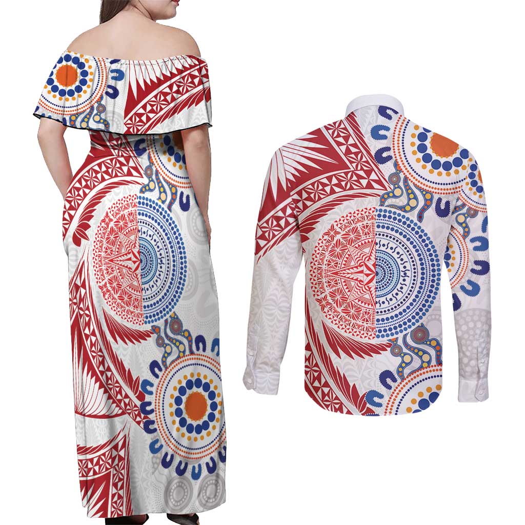 Tongan and Australian Culture Together Couples Matching Off Shoulder Maxi Dress and Long Sleeve Button Shirt Ngatu Art Tribal Aboriginal Tattoo Pattern LT03 - Polynesian Pride