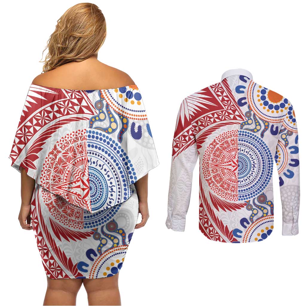 Tongan and Australian Culture Together Couples Matching Off Shoulder Short Dress and Long Sleeve Button Shirt Ngatu Art Tribal Aboriginal Tattoo Pattern LT03 - Polynesian Pride