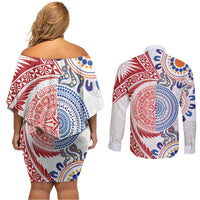 Tongan and Australian Culture Together Couples Matching Off Shoulder Short Dress and Long Sleeve Button Shirt Ngatu Art Tribal Aboriginal Tattoo Pattern LT03 - Polynesian Pride