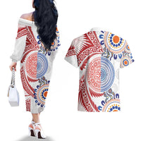 Tongan and Australian Culture Together Couples Matching Off The Shoulder Long Sleeve Dress and Hawaiian Shirt Ngatu Art Tribal Aboriginal Tattoo Pattern LT03 - Polynesian Pride