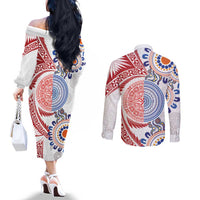 Tongan and Australian Culture Together Couples Matching Off The Shoulder Long Sleeve Dress and Long Sleeve Button Shirt Ngatu Art Tribal Aboriginal Tattoo Pattern LT03 - Polynesian Pride