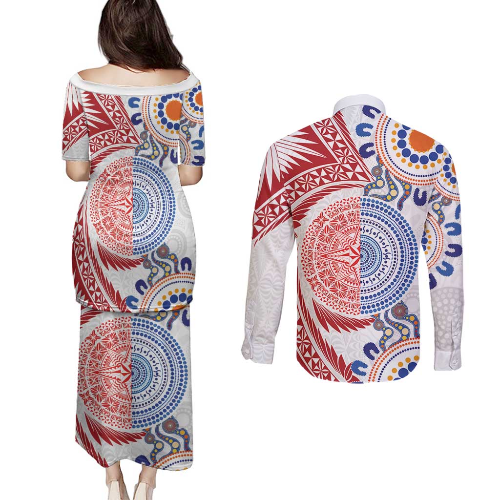 Tongan and Australian Culture Together Couples Matching Puletasi and Long Sleeve Button Shirt Ngatu Art Tribal Aboriginal Tattoo Pattern LT03 - Polynesian Pride